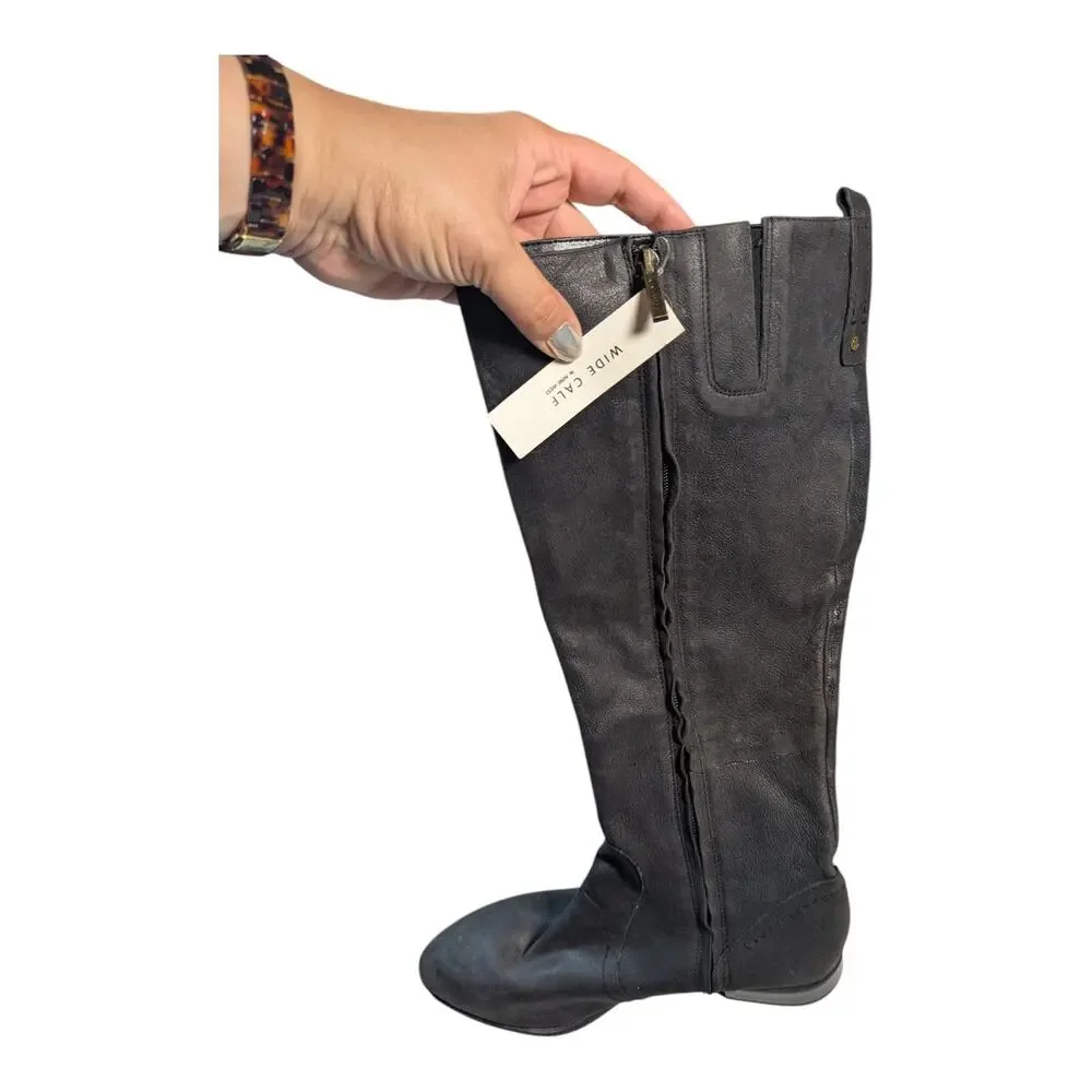 Nine West Nicolah Black Leather Knee High Pointed Toe Wide Calf Riding Boots 9